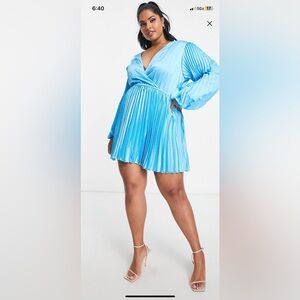Style PlusxBillie Faiers exclusive pleated belt detail mini skater dress in blue